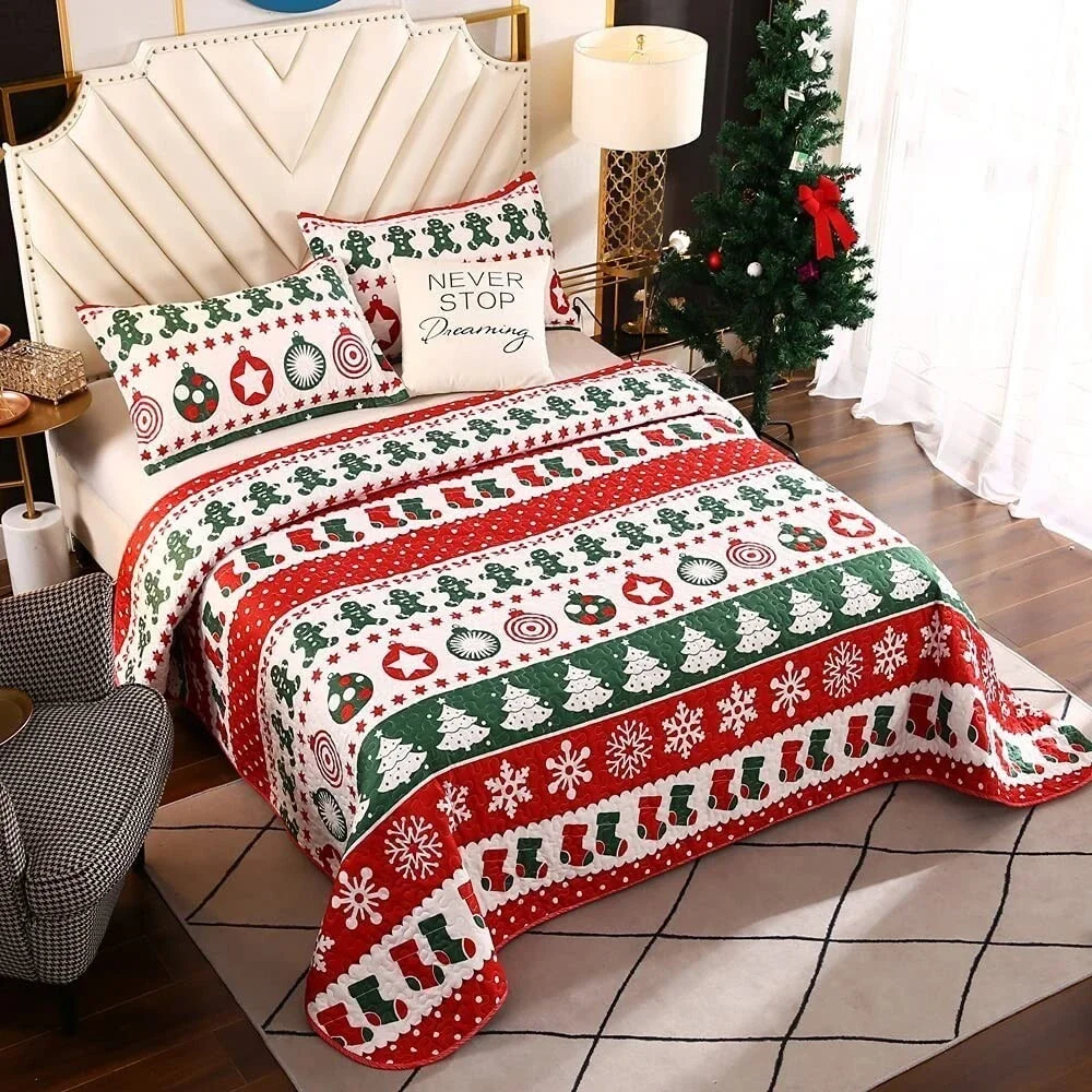 Christmas Quilt Set Twin Size Holiday Snowflakes Cozy Bedding Coverlet